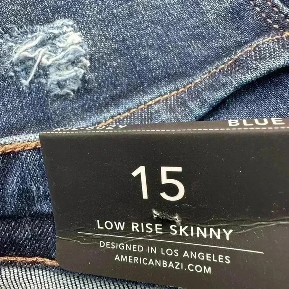 American Bazi size 15 dark wash low rise skinny distressed denim jeans NWT. - Picture 6 of 9